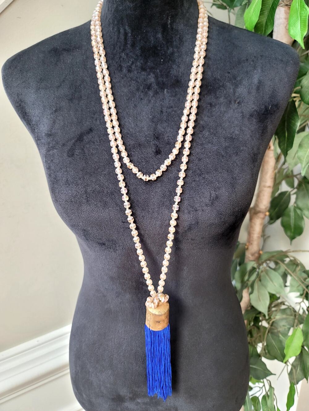 Taupe Beaded Long Tassel Necklace Royal Blue Fringe Boho Statement Jewelry